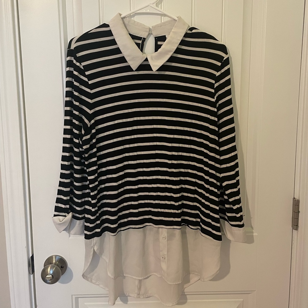Elle Black & White Striped Collared Blouse